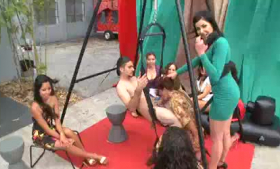 Horny CFNM sluts getting their pussies drilled by a group of studs.