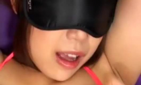 Blindfolded Asian chick with hairy bukake dick