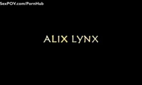 Alix Lynx is using a strap- to-tackle on her big tits while masturbating late at night.
