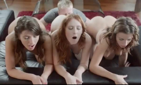 Chloe Bennett and Rebecca Lust are kneeling and touching each other during group sex