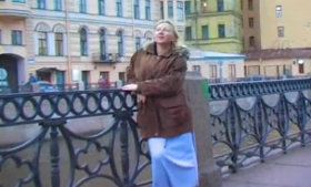 Russian mature person peeing in public fountain