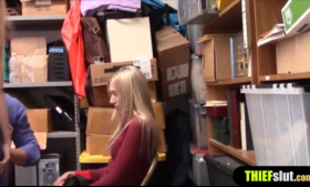 Sexy blonde shoplifter is tied up in the basement and licking pussy while having sex