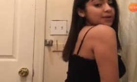 Sexy Latina teen is looking at the camera, while her horny neighbor's massive dick ends up drilling her pussy.